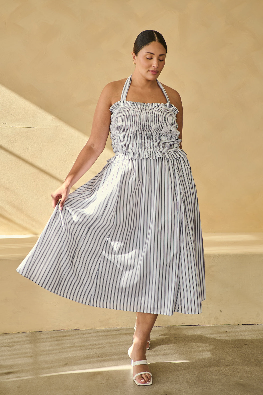 Kolin Striped Smocked Midi Dress Curve