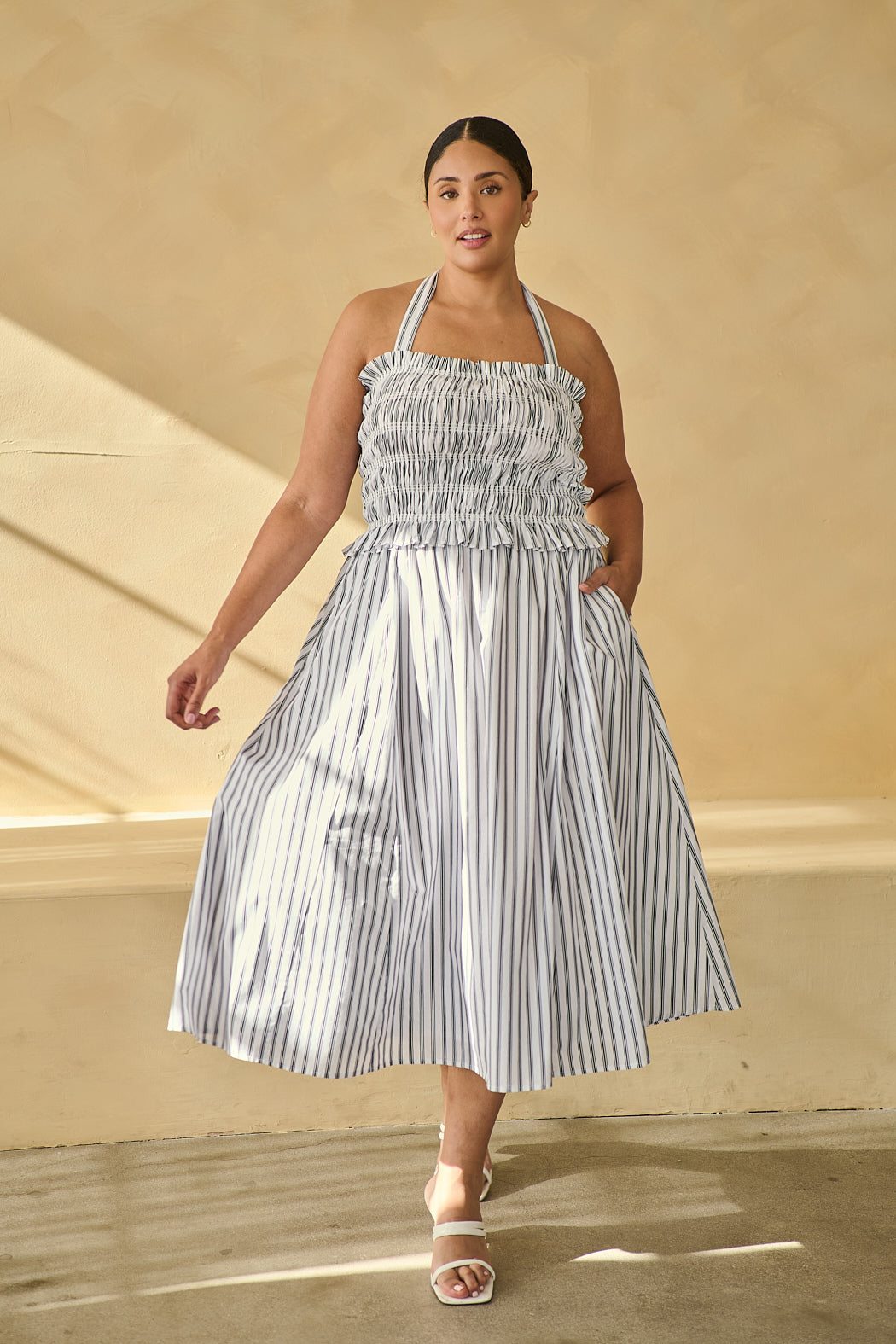 Kolin Striped Smocked Midi Dress Curve