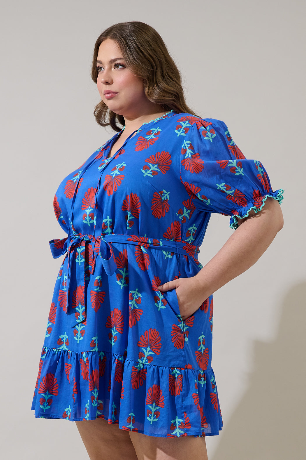 Lucinda Floral Negin Split Neck Mini Dress Curve