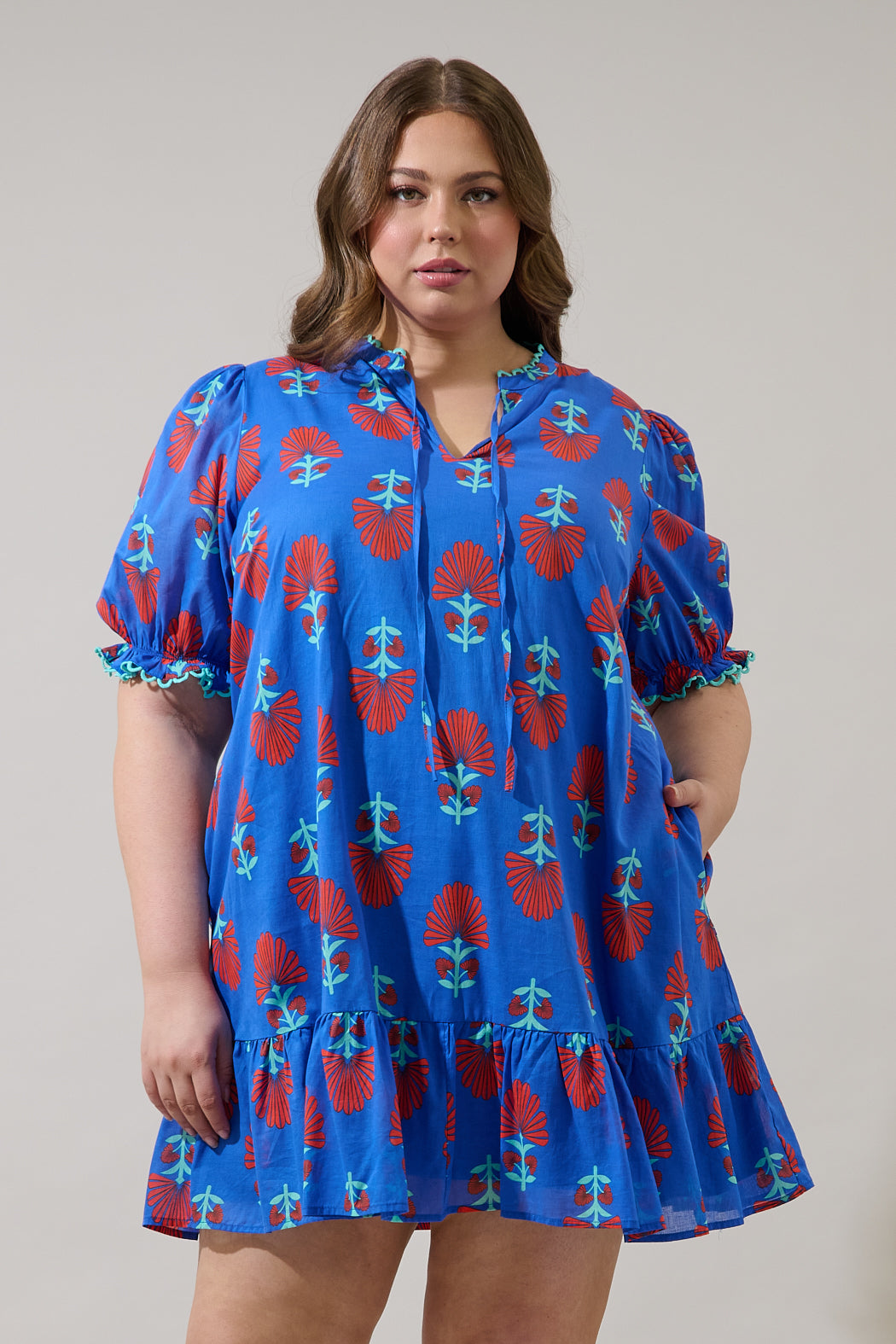 Lucinda Floral Negin Split Neck Mini Dress Curve