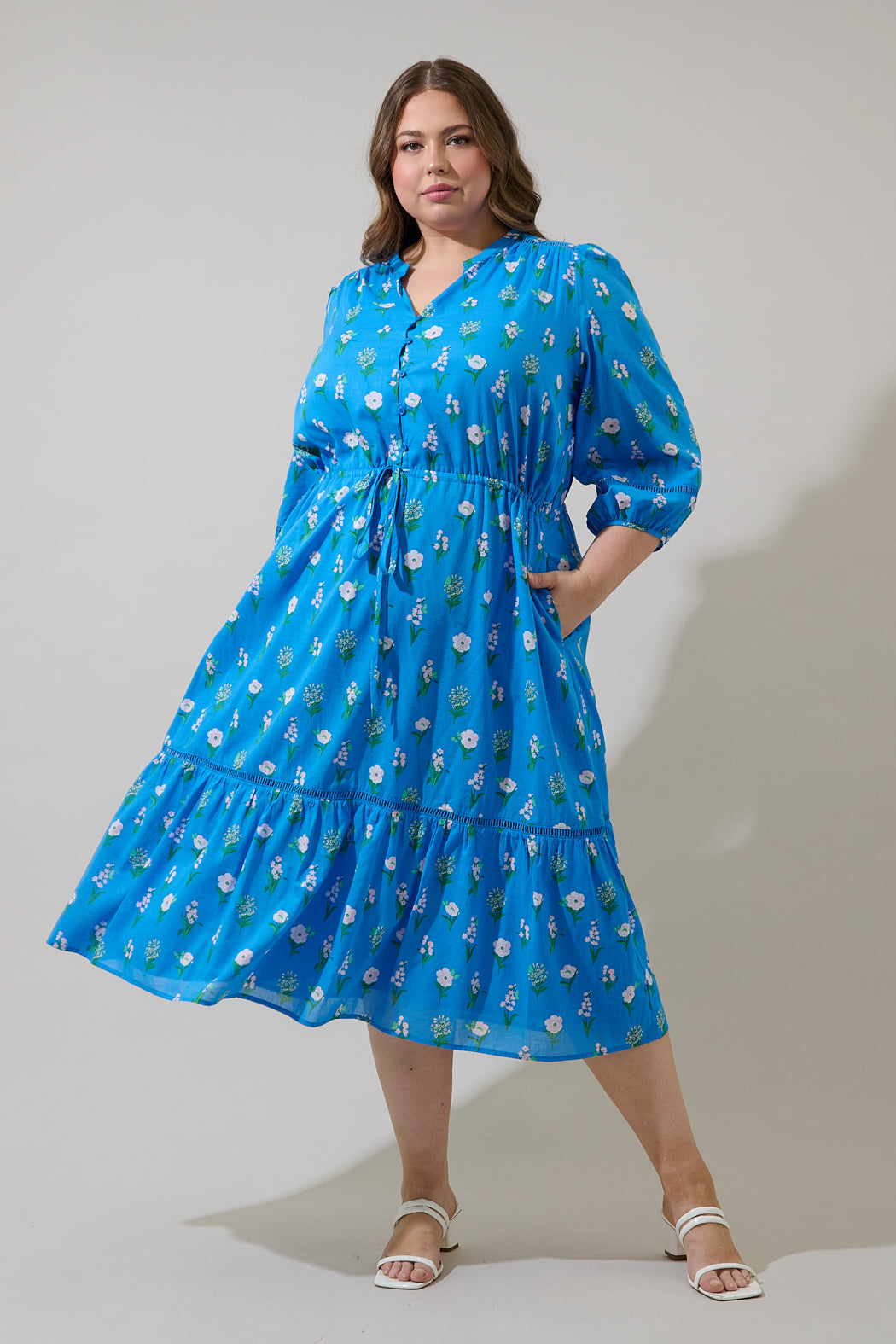 Jazleen Floral Harmy Drawstring Midi Dress Curve