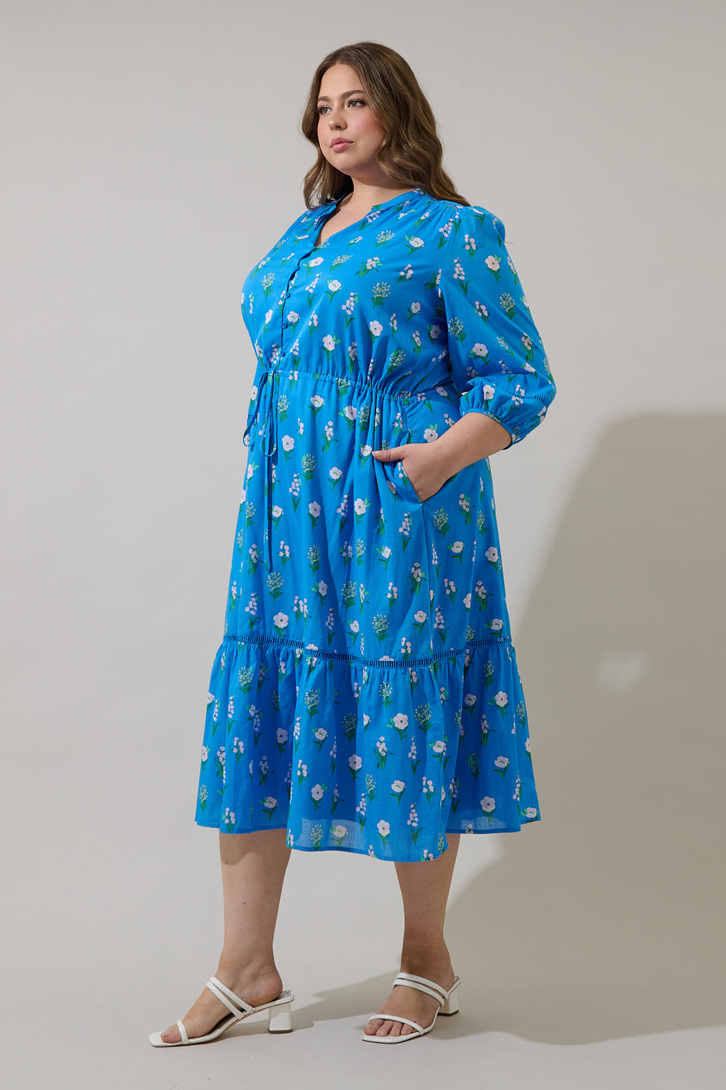 Jazleen Floral Harmy Drawstring Midi Dress Curve
