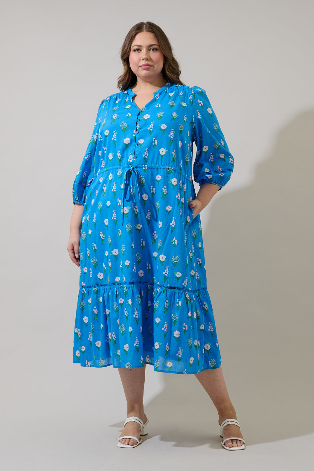 Jazleen Floral Harmy Drawstring Midi Dress Curve