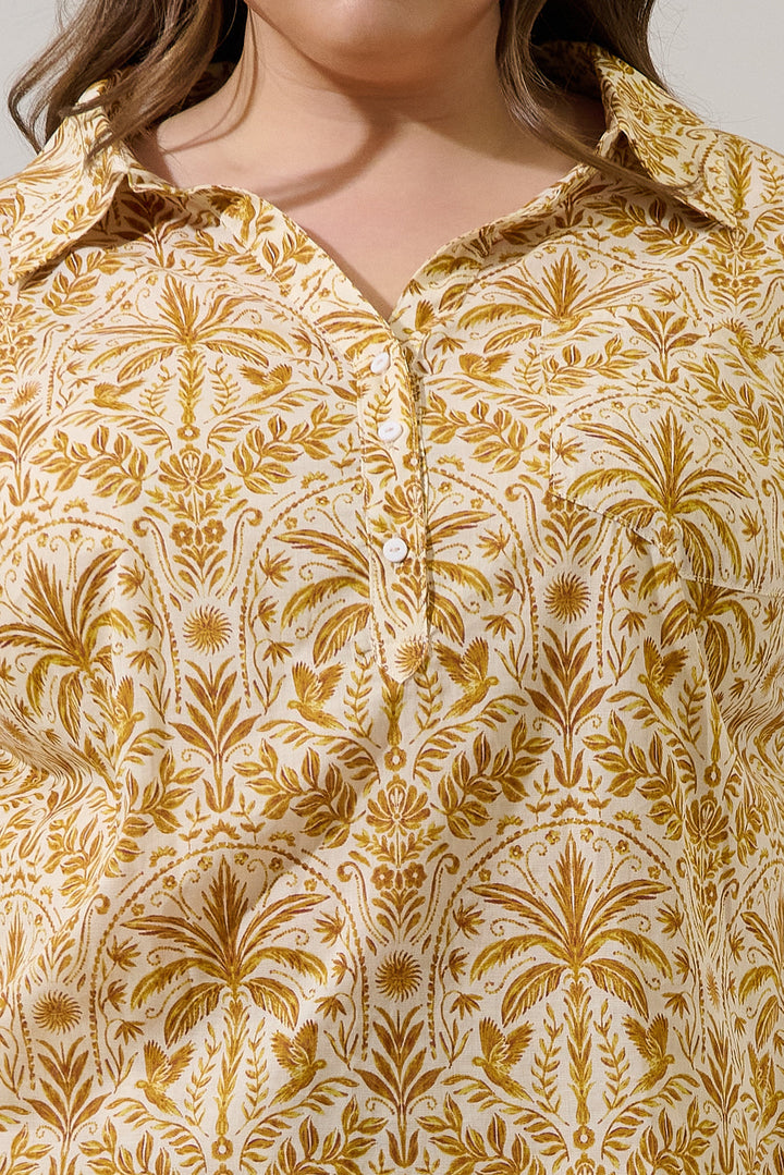 Calina Tropical Cory Collared Button Up Top Curve