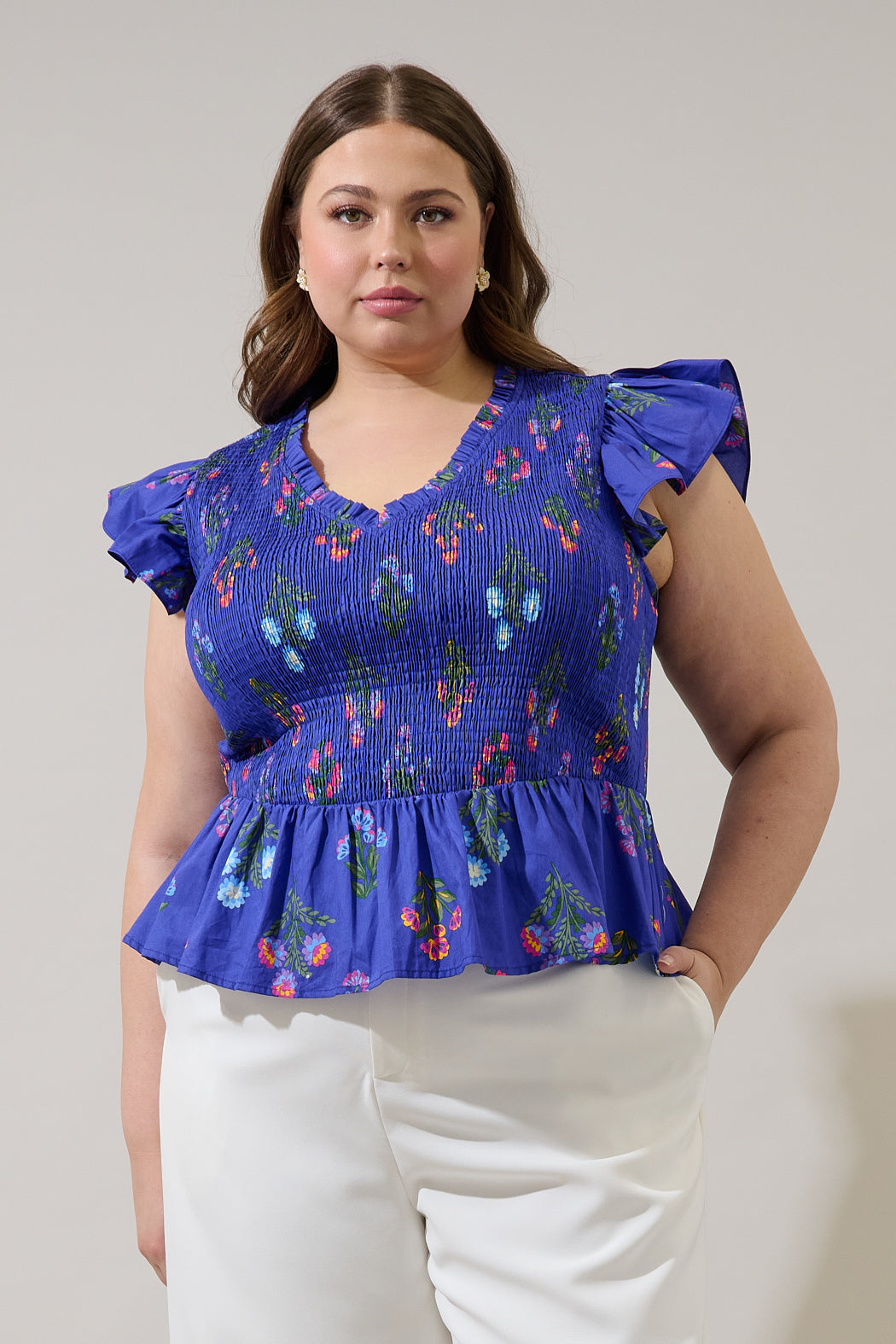 Clemen Floral Brish Smocked Ruffle Top Curve