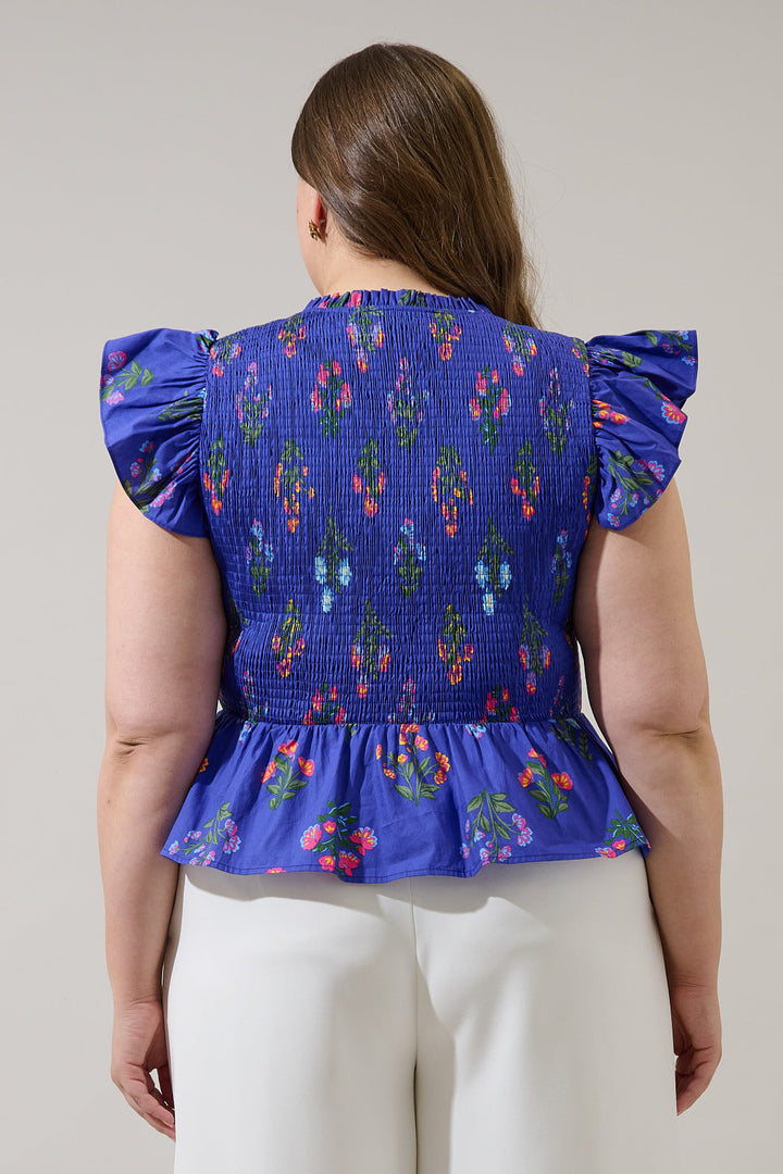 Clemen Floral Brish Smocked Ruffle Top Curve
