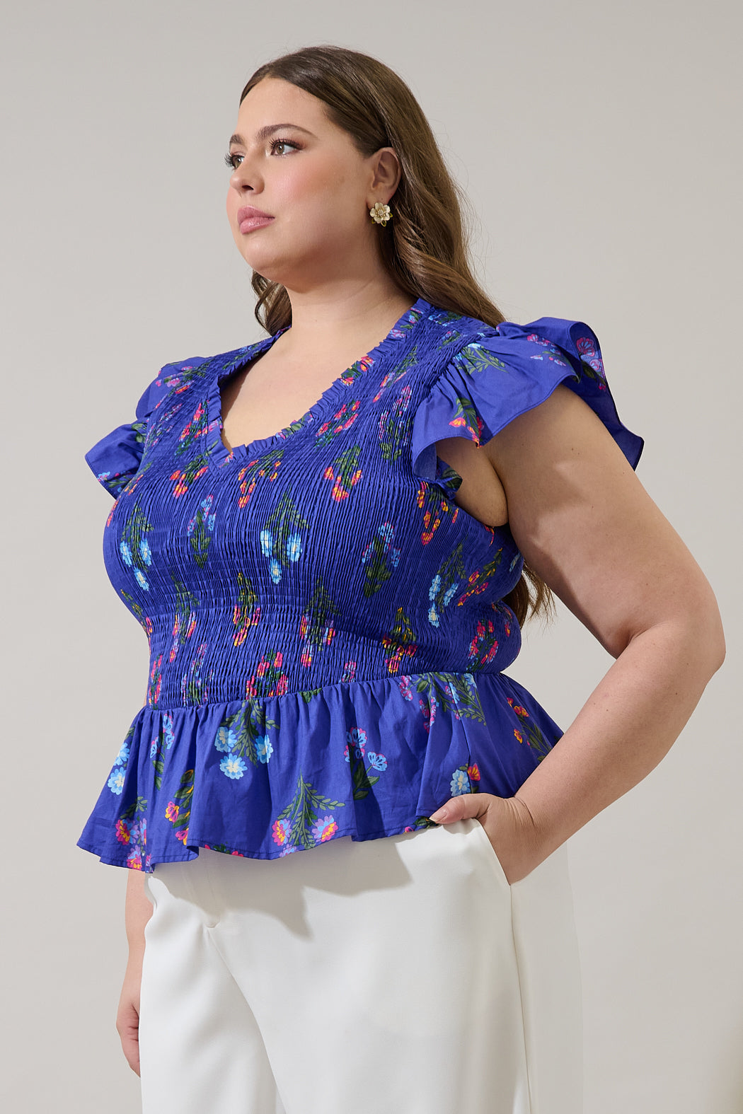Clemen Floral Brish Smocked Ruffle Top Curve