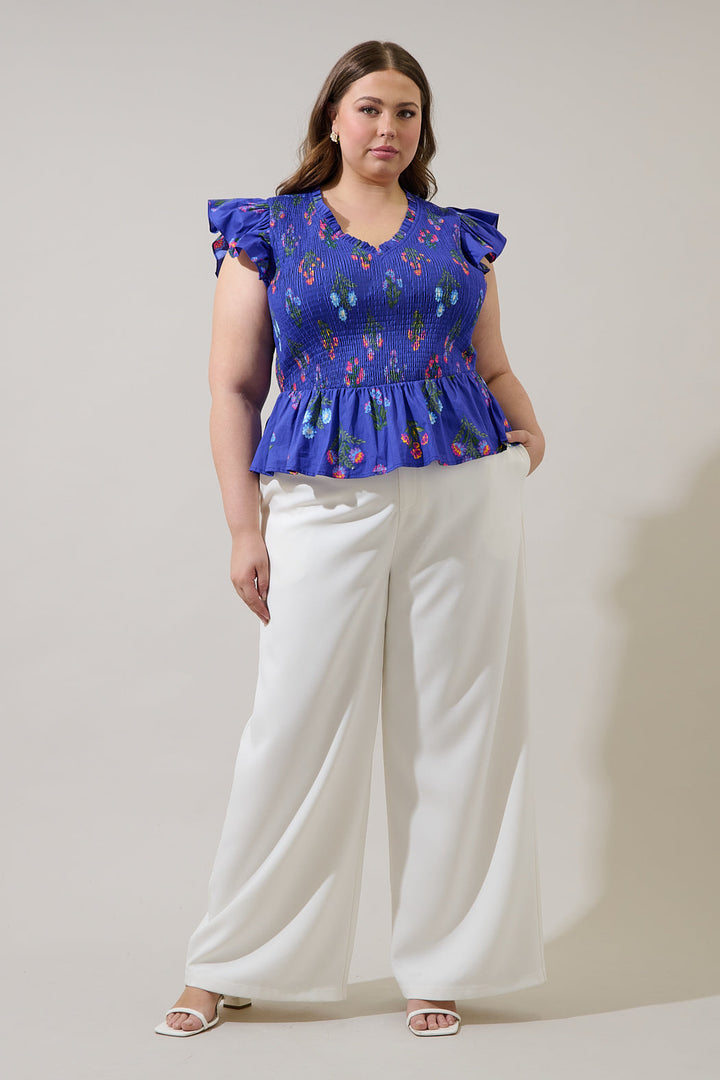 Clemen Floral Brish Smocked Ruffle Top Curve
