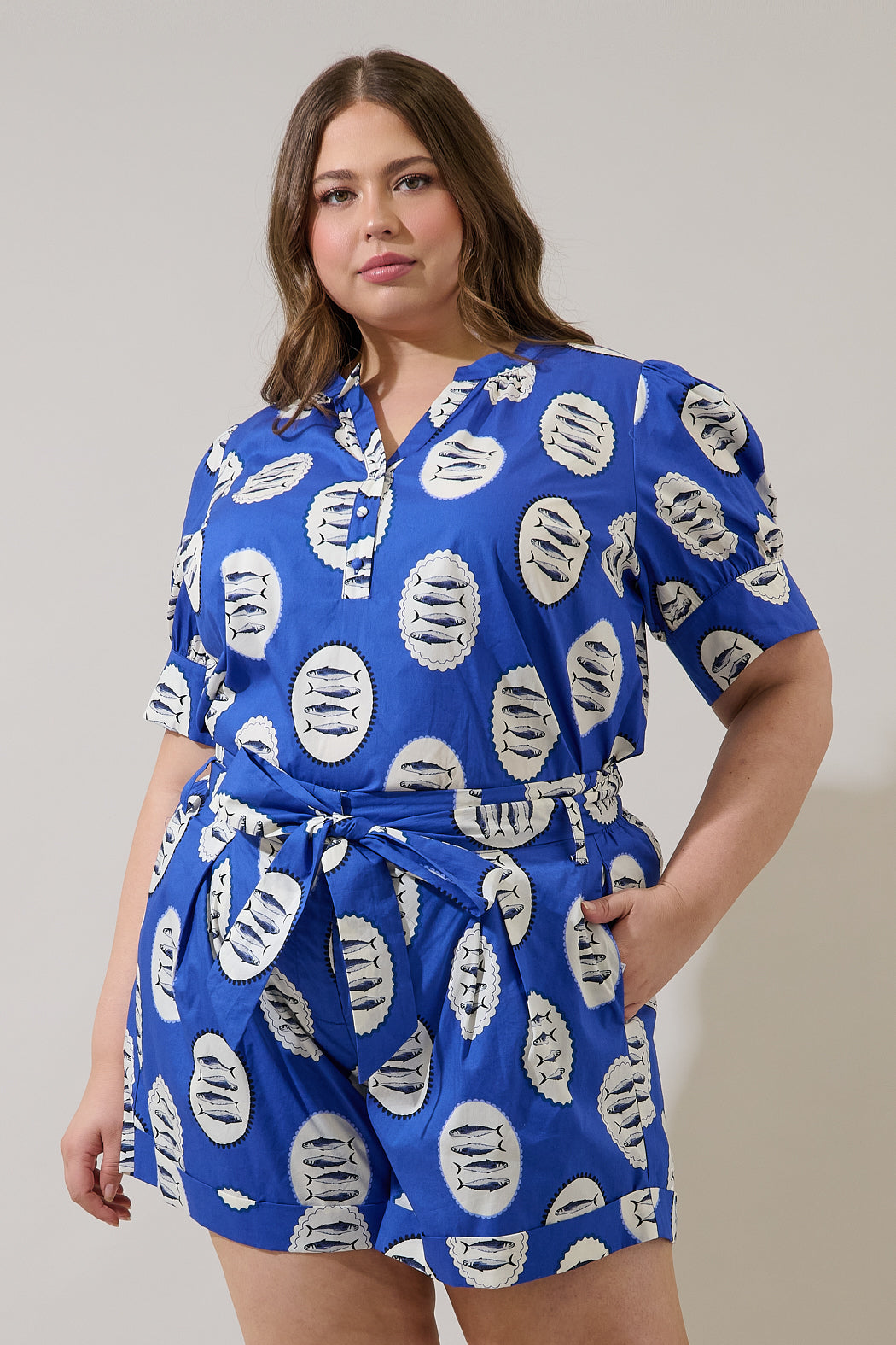 Sardine Sea Rosio Button Split Neck Top Curve