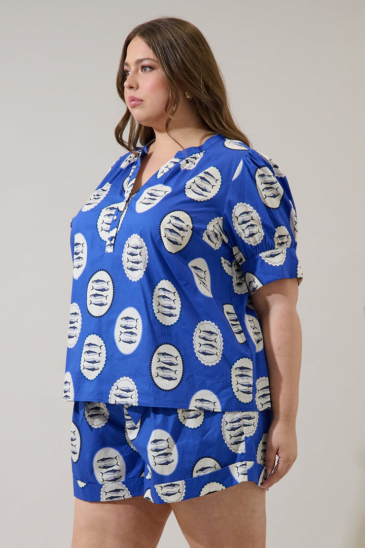 Sardine Sea Rosio Button Split Neck Top Curve