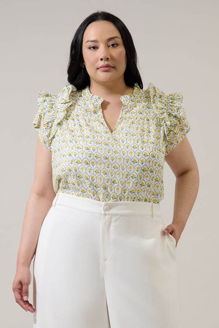Trinny Floral Ramona Ruffle Split Neck Top Curve
