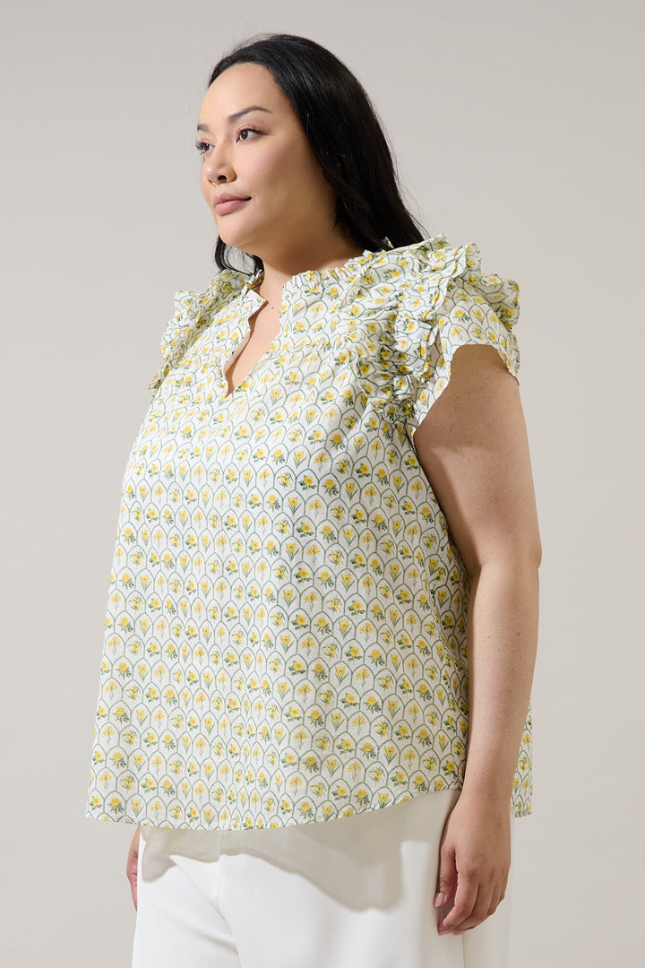 Trinny Floral Ramona Ruffle Split Neck Top Curve
