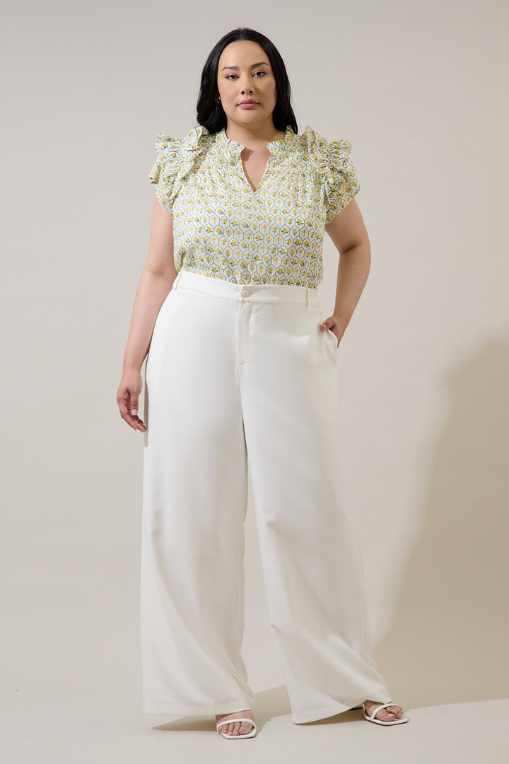 Trinny Floral Ramona Ruffle Split Neck Top Curve