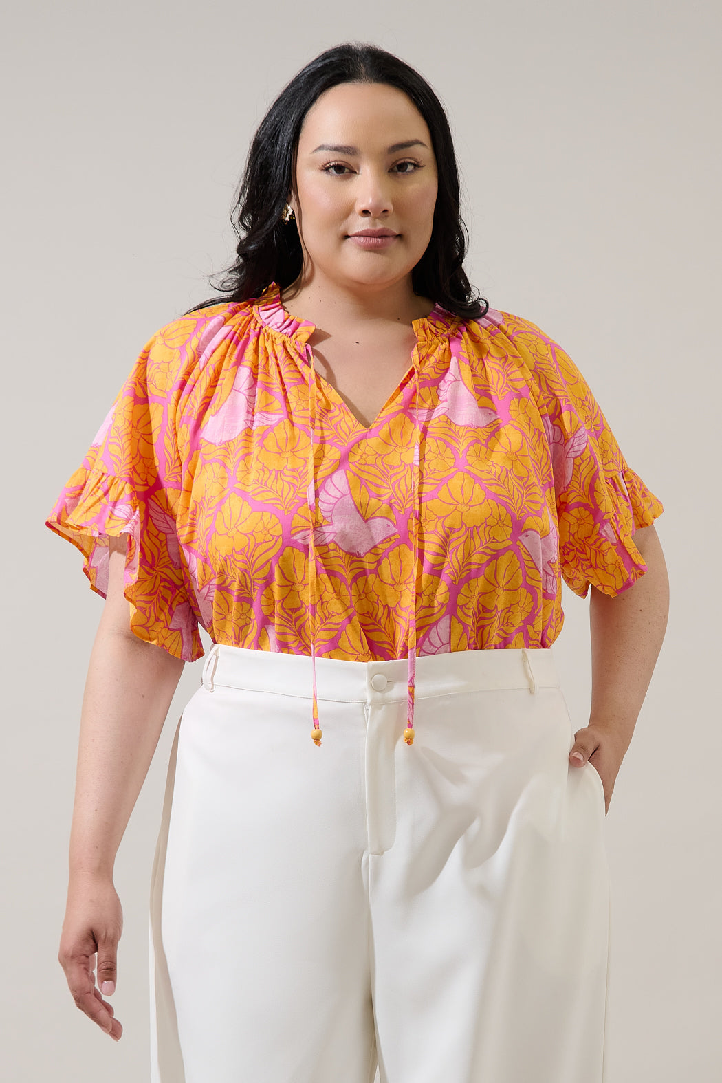 Jaidy Floral Erie Split Neck Top Curve