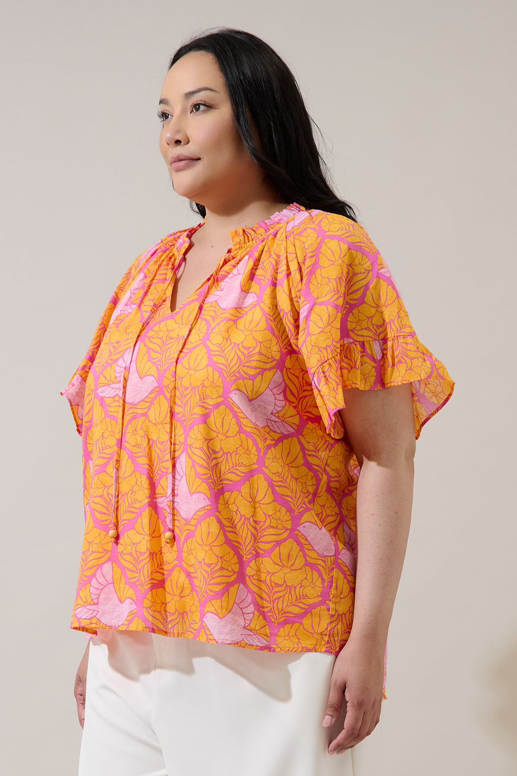 Jaidy Floral Erie Split Neck Top Curve