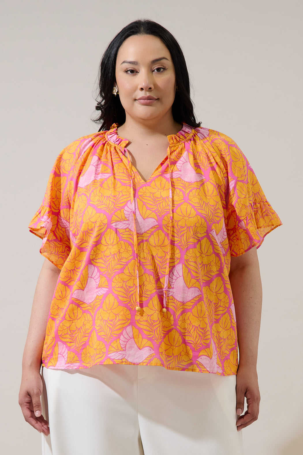 Jaidy Floral Erie Split Neck Top Curve