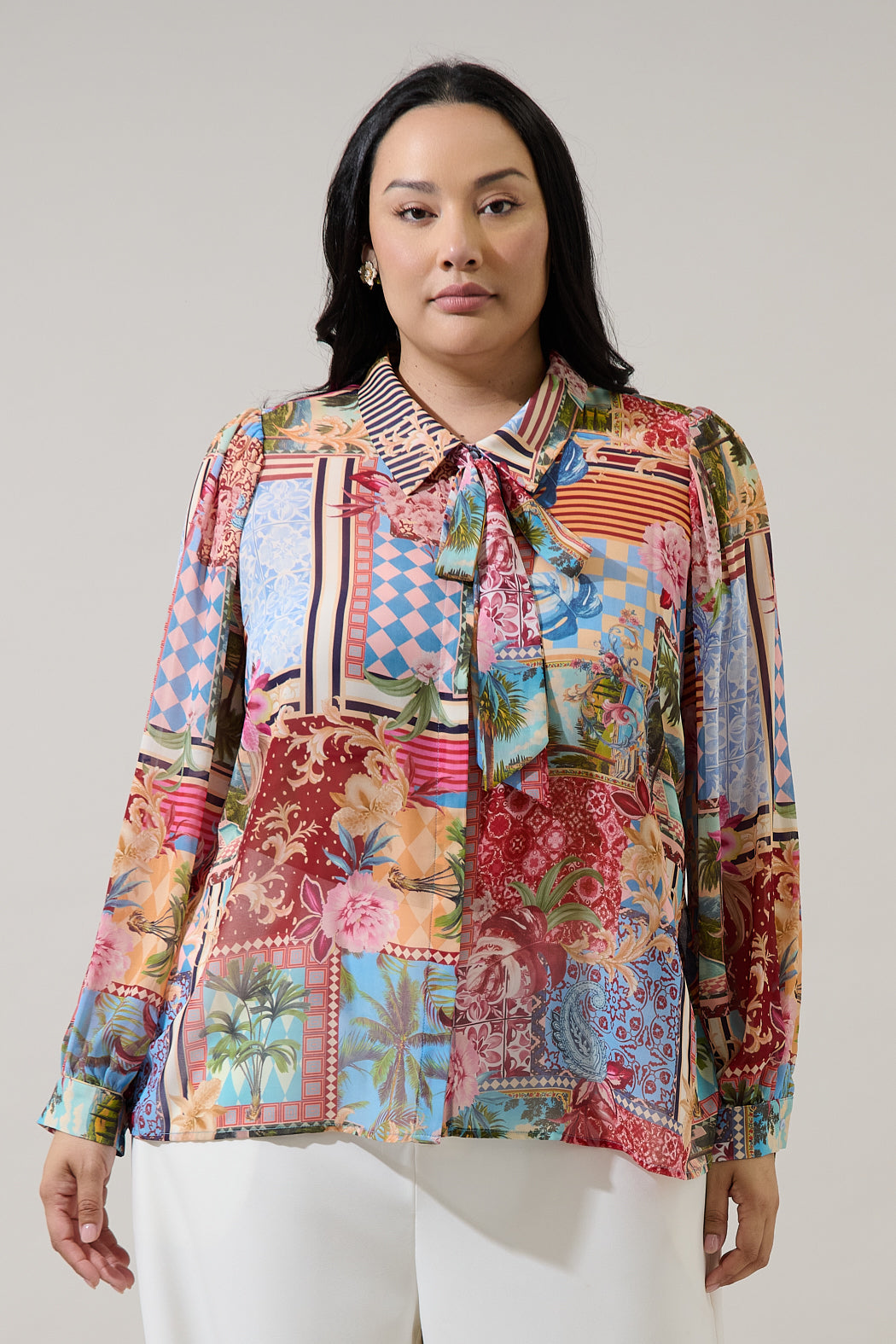 Melani Tropical Matra Long Sleeve Collared Blouse Curve