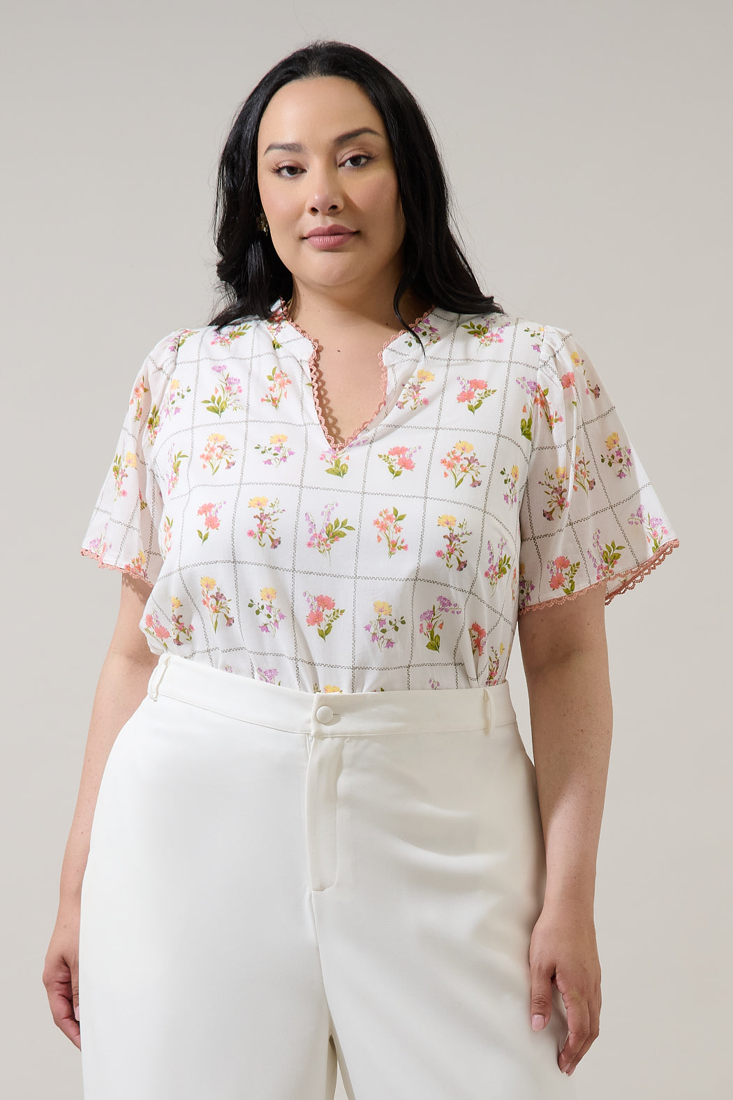 Diane Floral Hilda Split Neck Top Curve