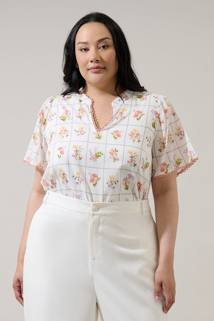 Diane Floral Hilda Split Neck Top Curve