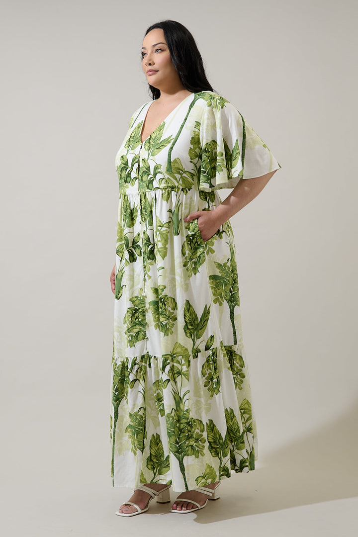 Palmet Tropical Evianna Flutter Maxi Dress Curve