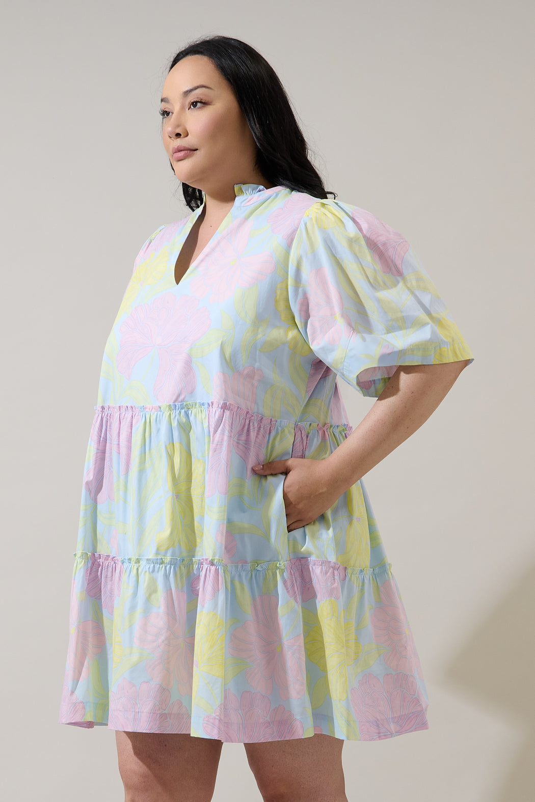 Brisa Floral Dixie Split Neck Shift Dress Curve