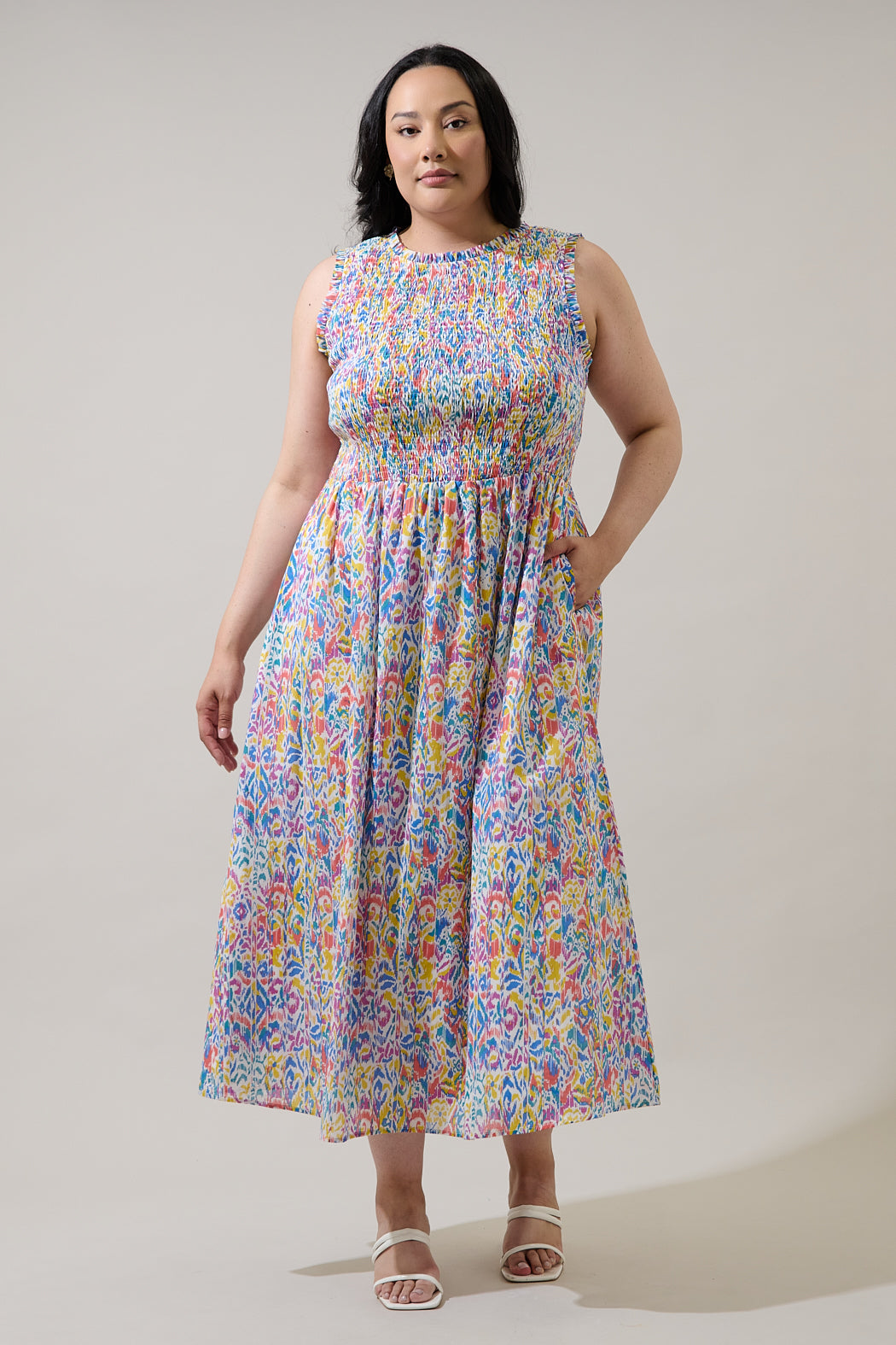 Malva Abstract Cecil Smocked Sleeveless Midi Dress Curve