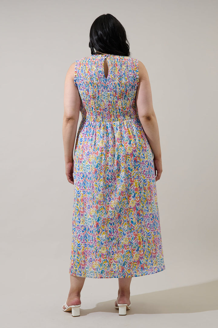 Malva Abstract Cecil Smocked Sleeveless Midi Dress Curve