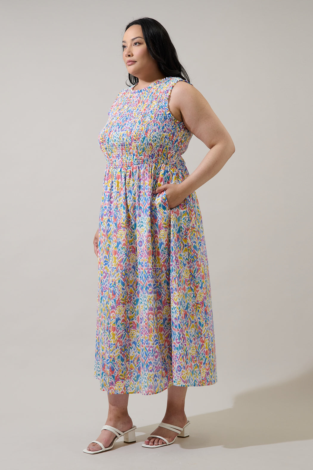 Malva Abstract Cecil Smocked Sleeveless Midi Dress Curve