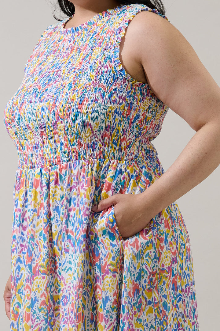 Malva Abstract Cecil Smocked Sleeveless Midi Dress Curve
