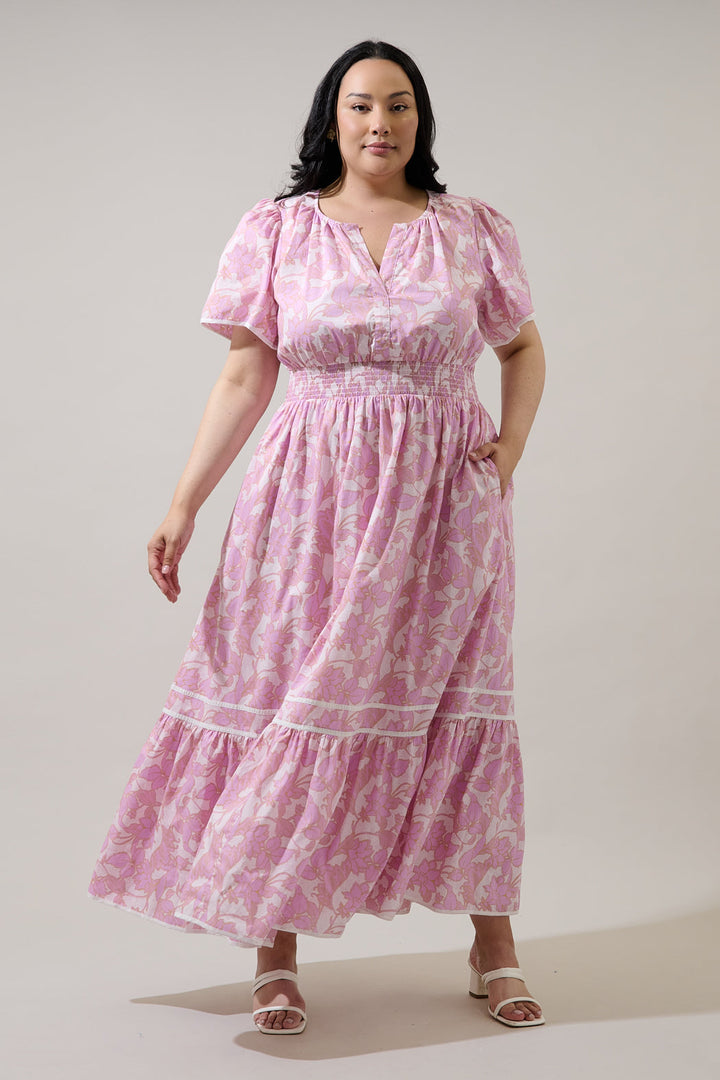 Daney Floral Ordy Smocked Midi Dress Curve