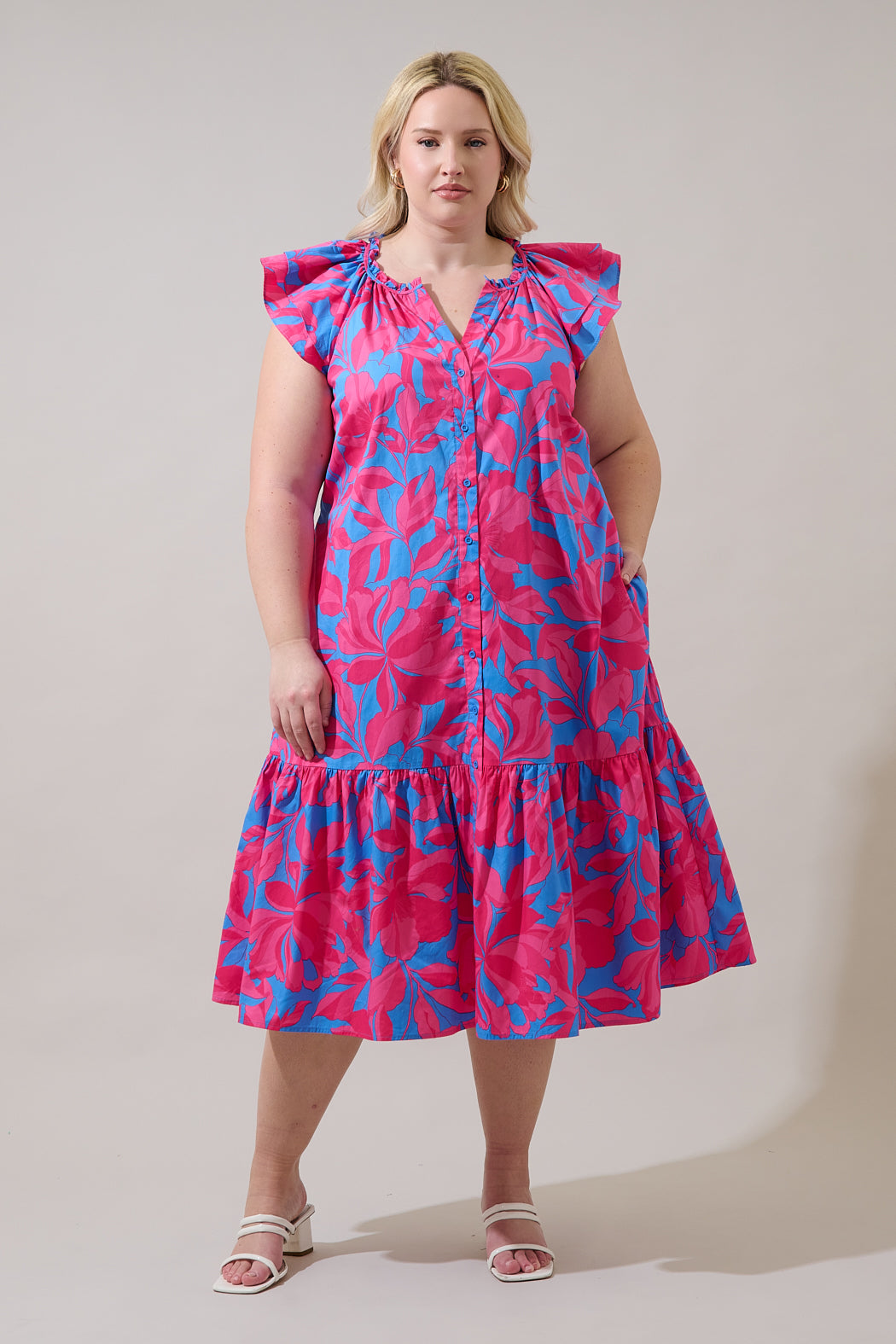 Charlotte Button Midi Dress Meira Floral Curve