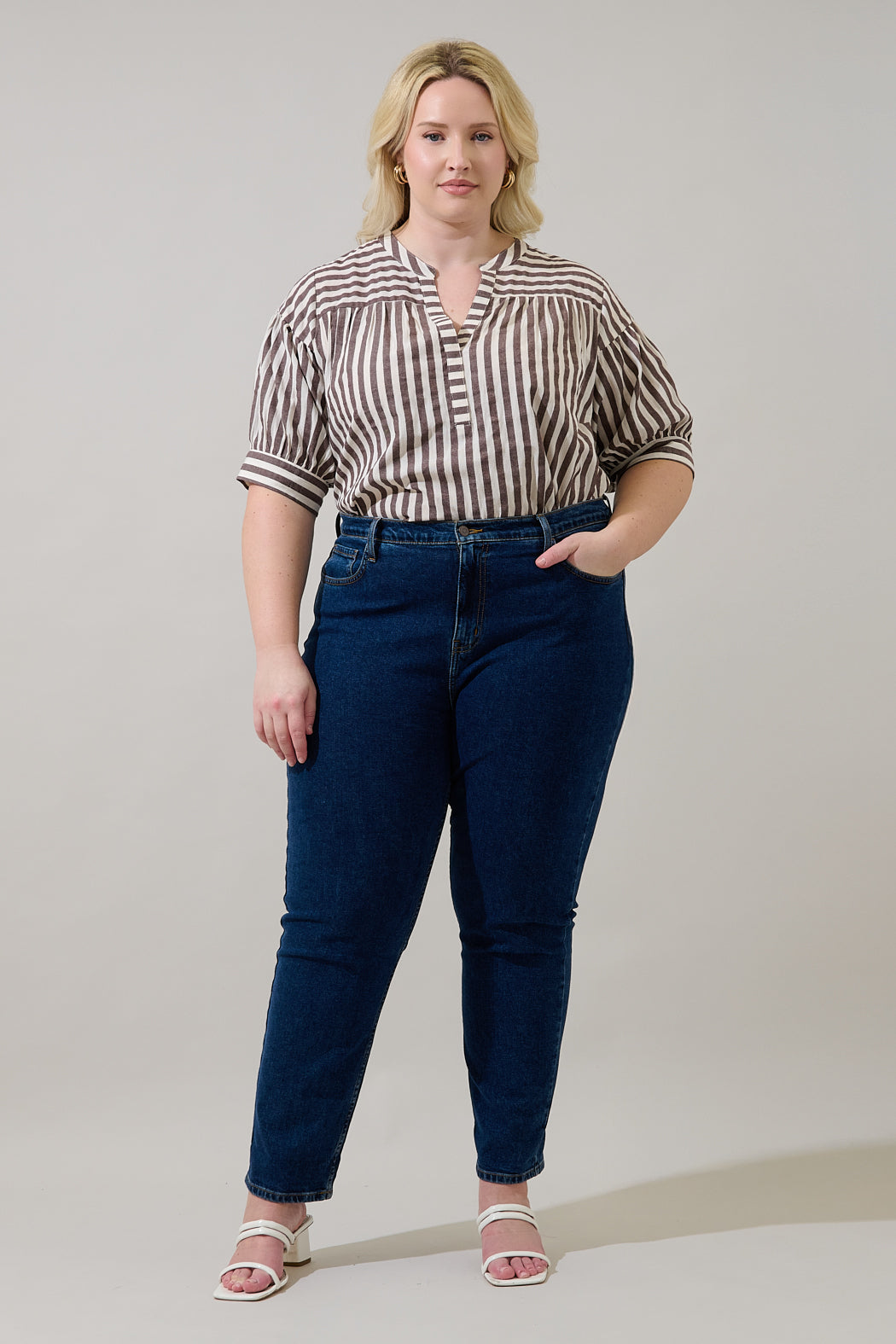 Catana Striped Split Neck Top Curve