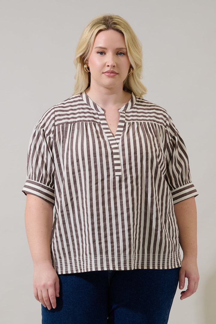 Catana Striped Split Neck Top Curve
