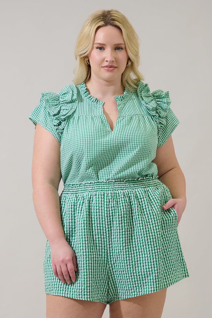 Tamara Gingham Ramona Ruffle Split Neck Top Curve
