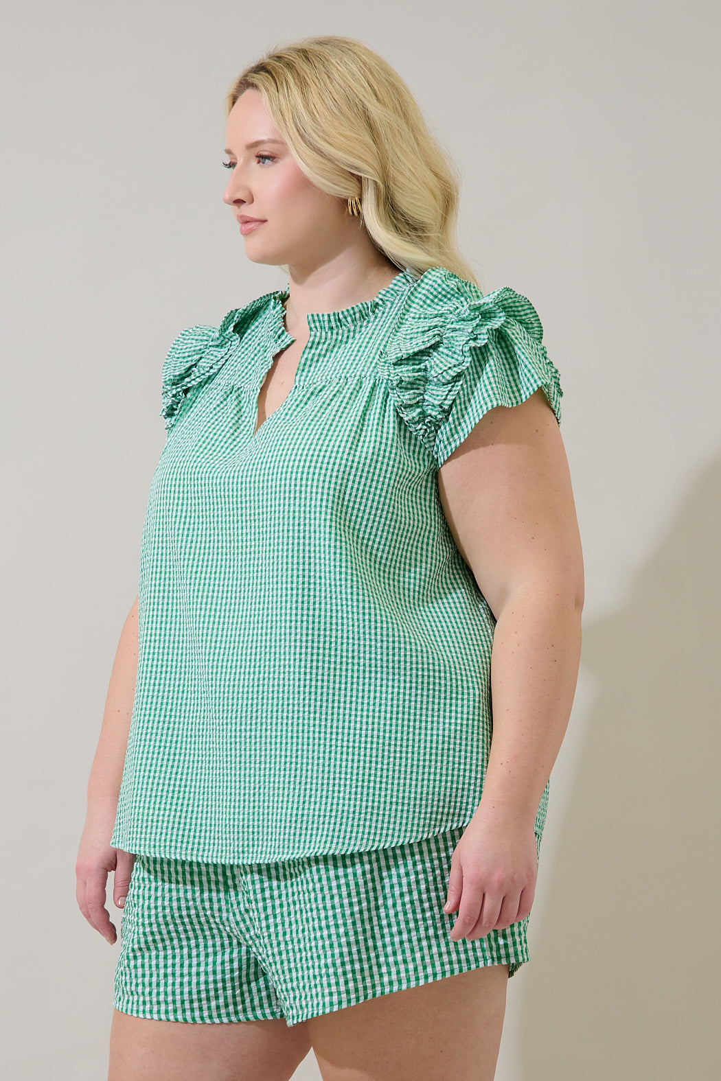 Tamara Gingham Ramona Ruffle Split Neck Top Curve