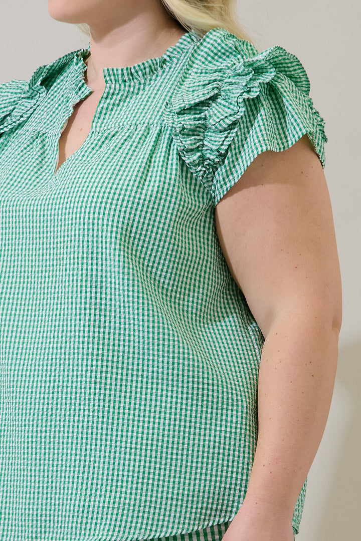 Tamara Gingham Ramona Ruffle Split Neck Top Curve