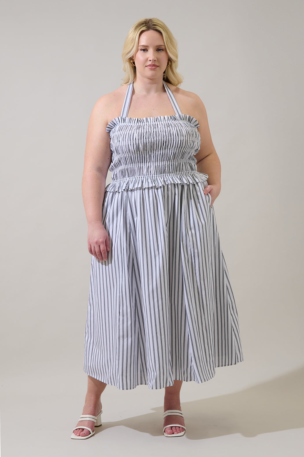 Kolin Striped Smocked Midi Dress Curve