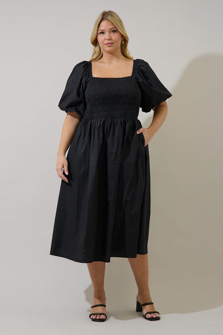 Sonia Bubble Sleeve Smocked Midi Dress Curve