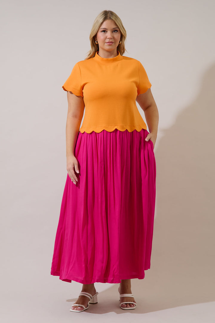 Marby Scallop Contrast Midi Dress Curve