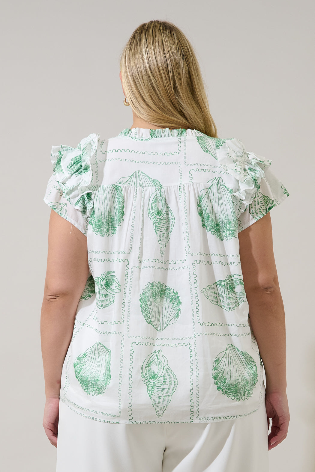Ramona Ruffle Split Neck Top Seashell Bay Curve