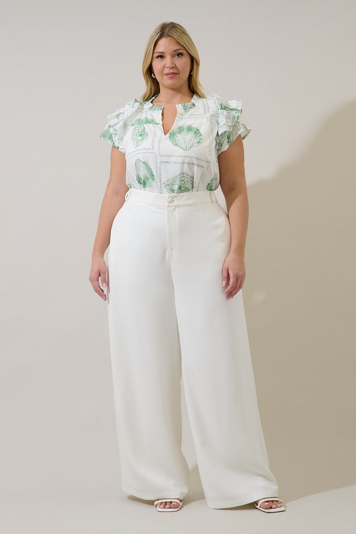 Ramona Ruffle Split Neck Top Seashell Bay Curve