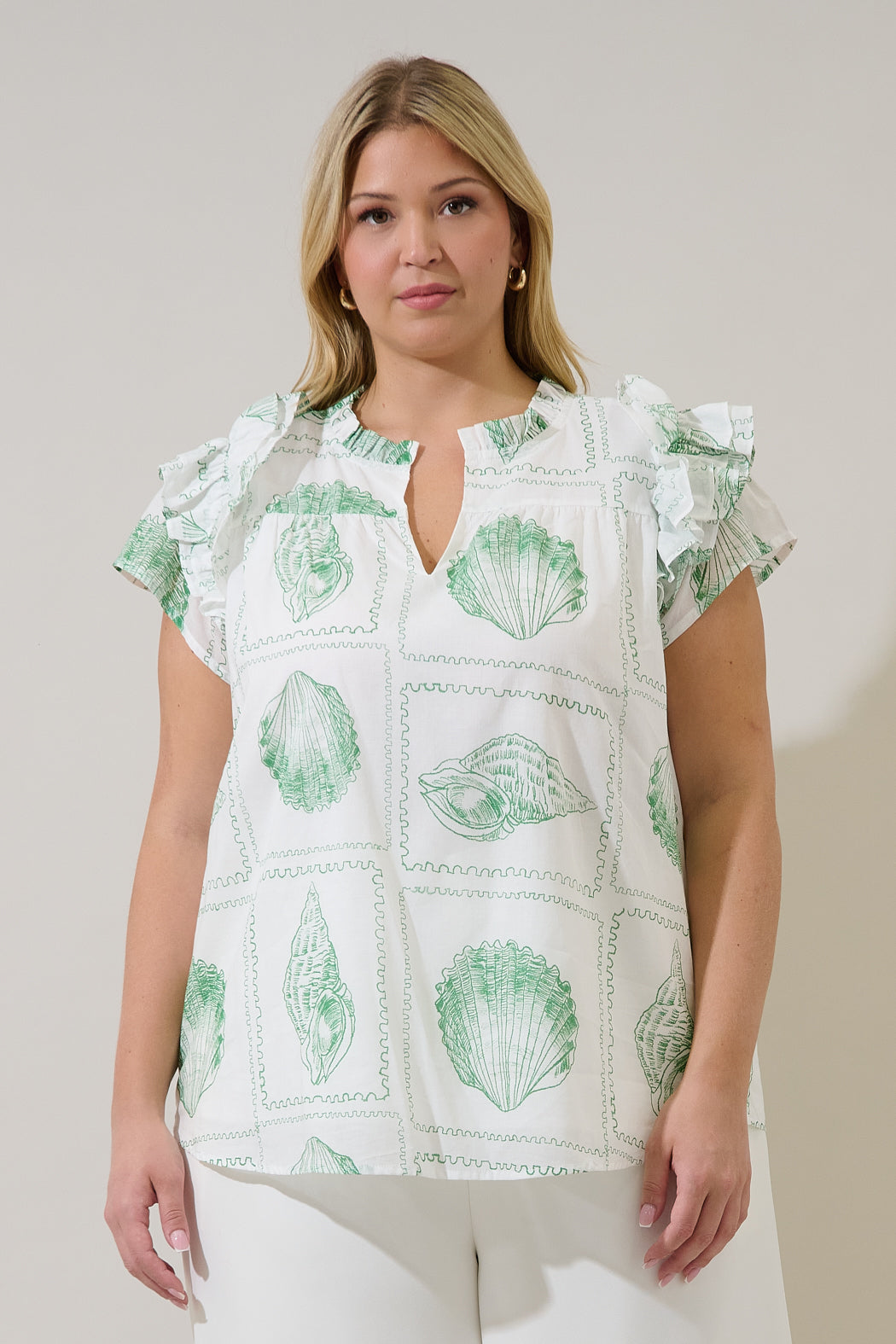 Ramona Ruffle Split Neck Top Seashell Bay Curve
