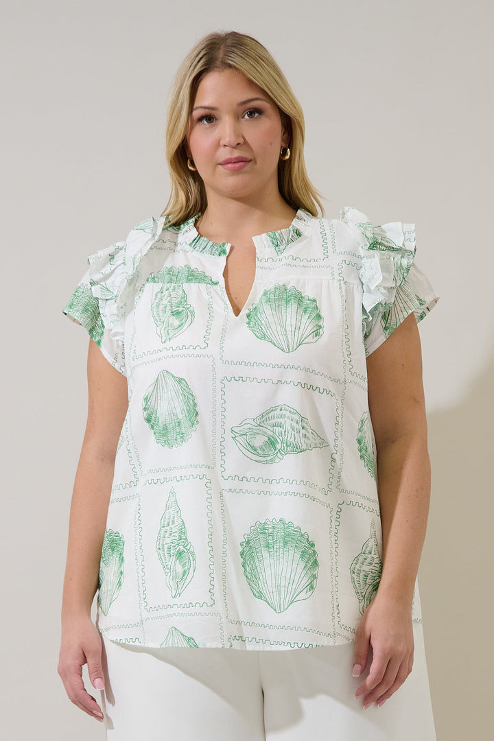 Ramona Ruffle Split Neck Top Seashell Bay Curve