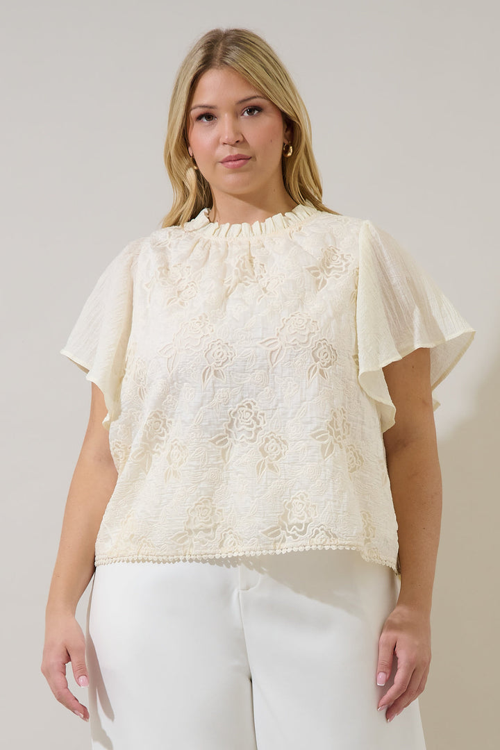 Gretal Embroidered Flutter Sleeve Top Curve