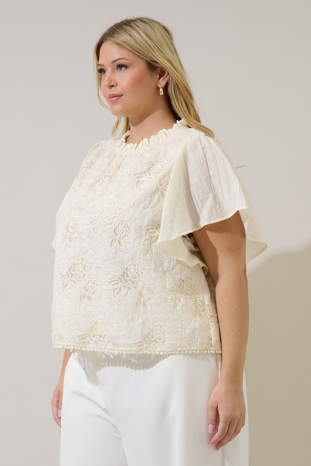 Gretal Embroidered Flutter Sleeve Top Curve