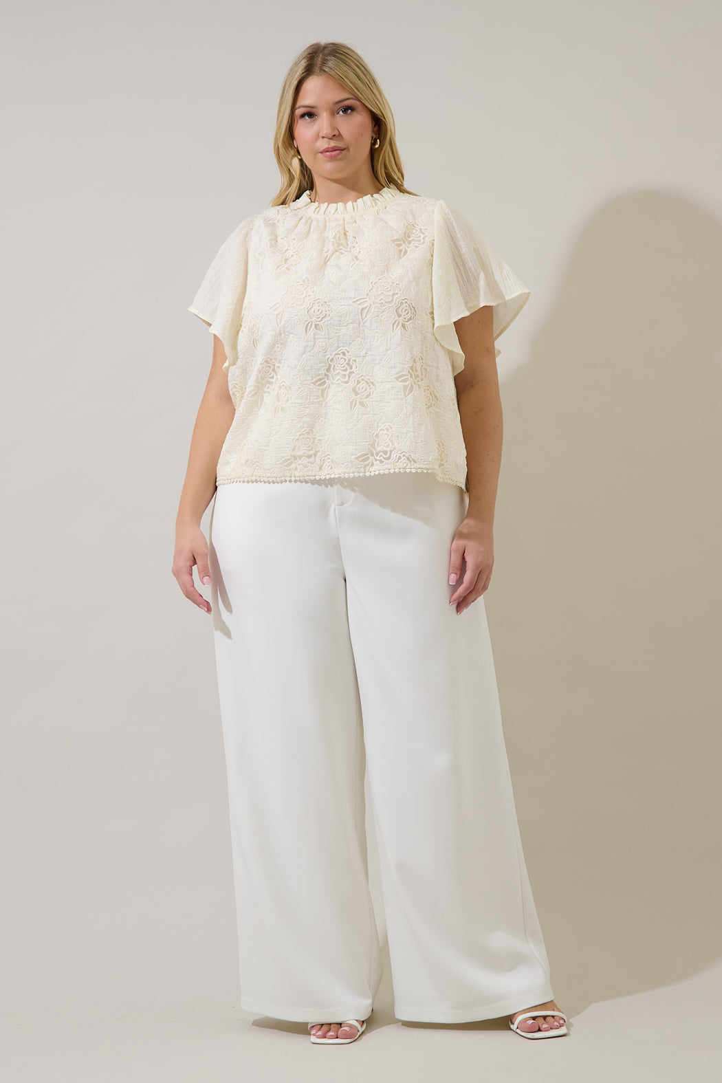Gretal Embroidered Flutter Sleeve Top Curve