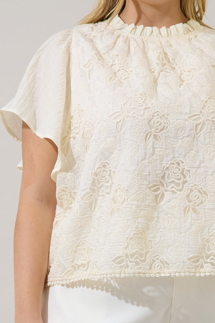 Gretal Embroidered Flutter Sleeve Top Curve