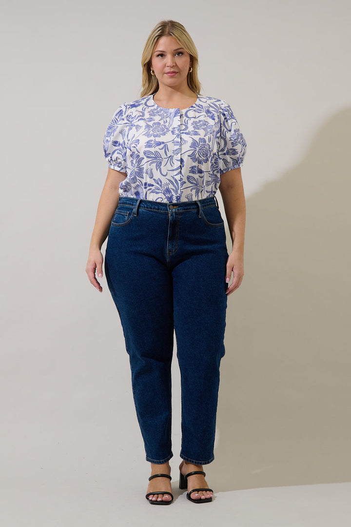 Hiller Button Down Top Virda Floral Curve