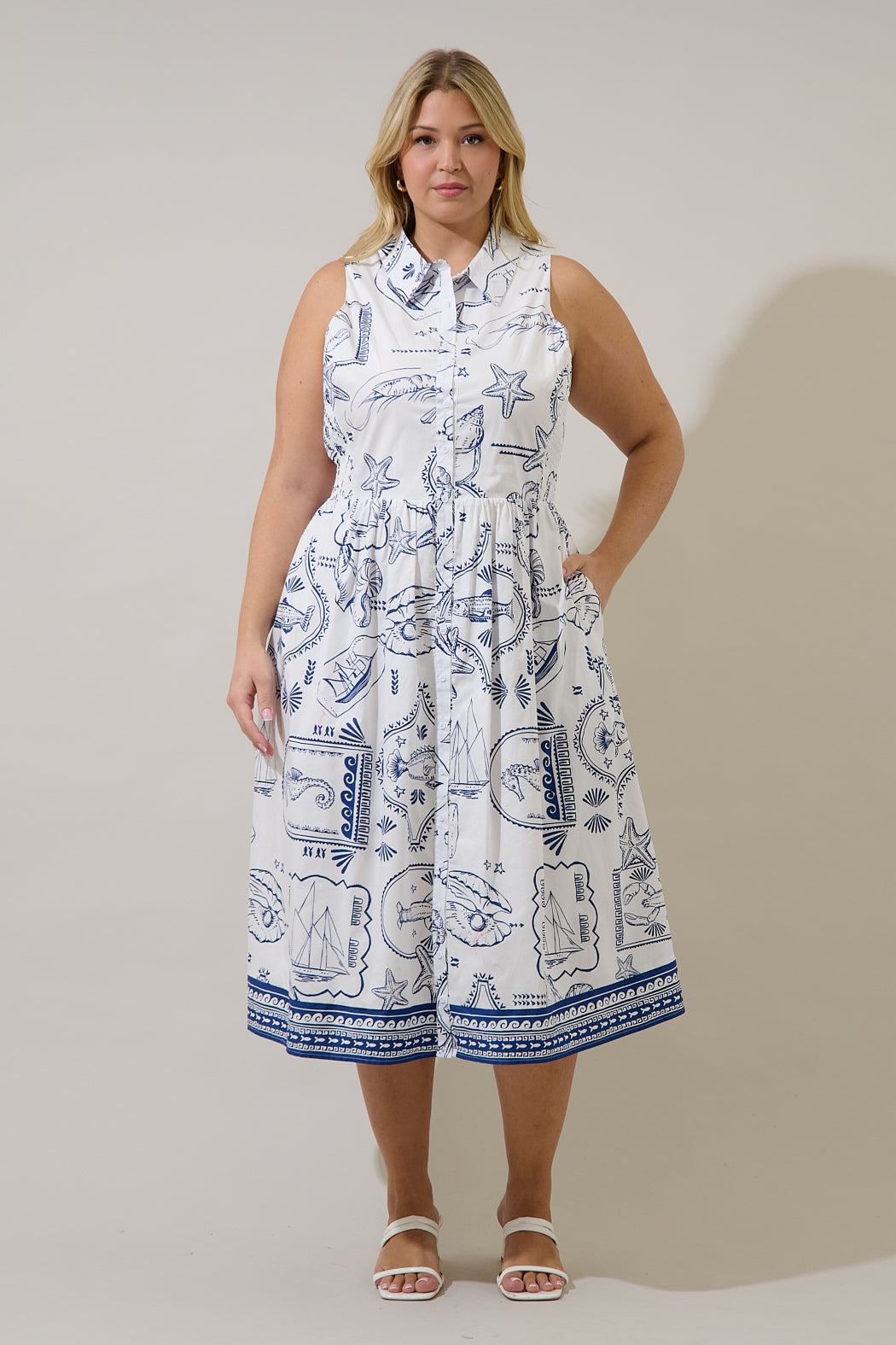 Catie Button Down Midi Dress Seaside Curve