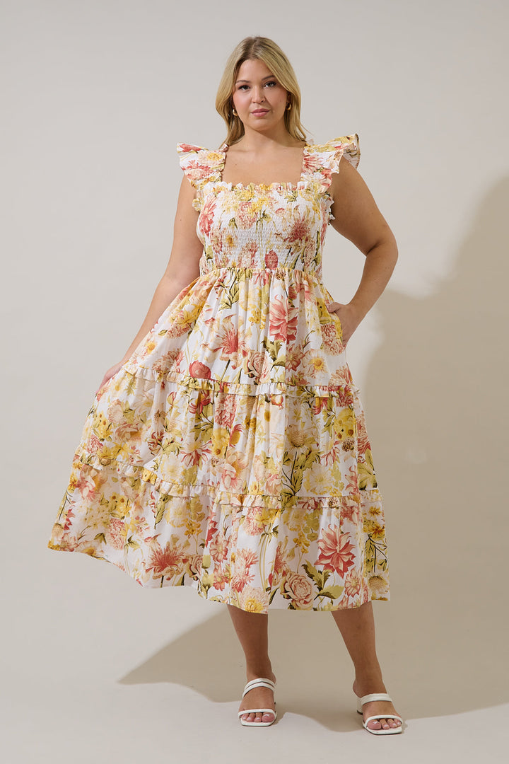 Emy Smocked Midi Dress Zury Floral Curve